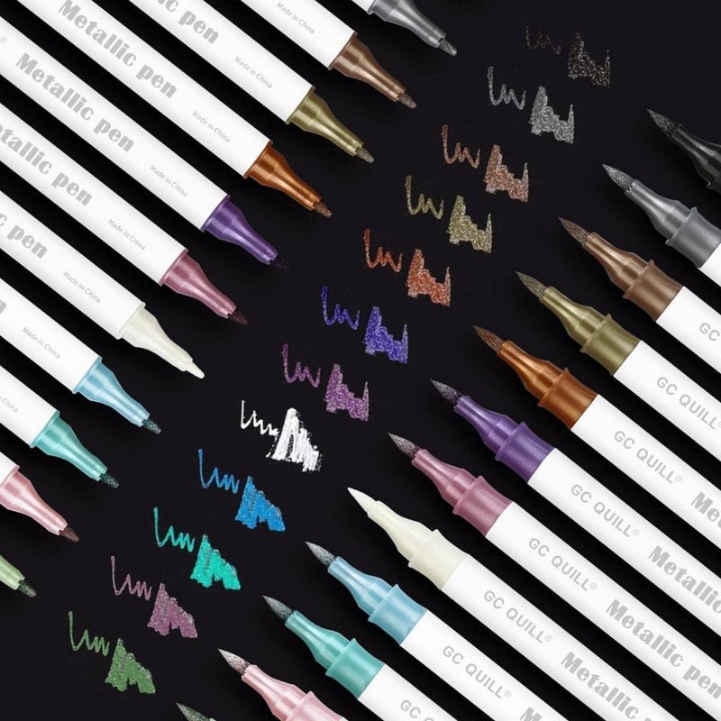GC QUILL 12 Colors Metallic Marker Pens - Dual Tip Brush and Fine Point Pens for DIY Album, Black Cards, Scrapbooking, Craft Supplies, on Ceramic, Stone, Glass, Fabric GC-MP12 - Image 1